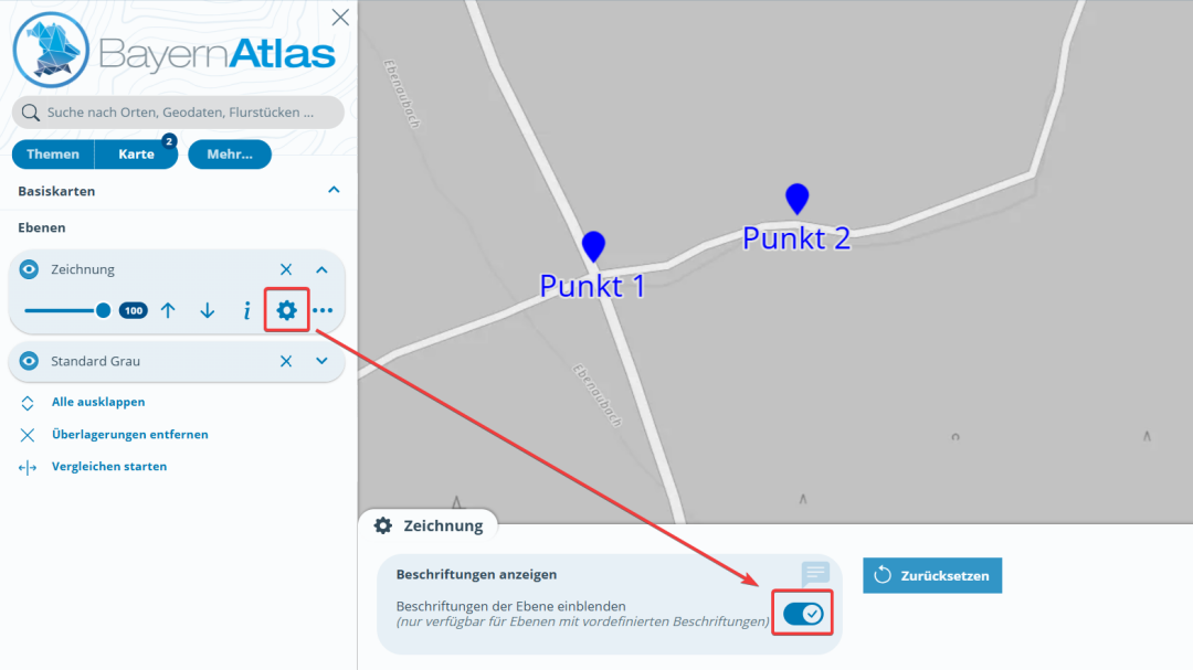 Screenshot aus dem BayernAtlas mit geöffnetem Layer und Verweis auf das Fenster zum Beschriftungen aus- und anschalten